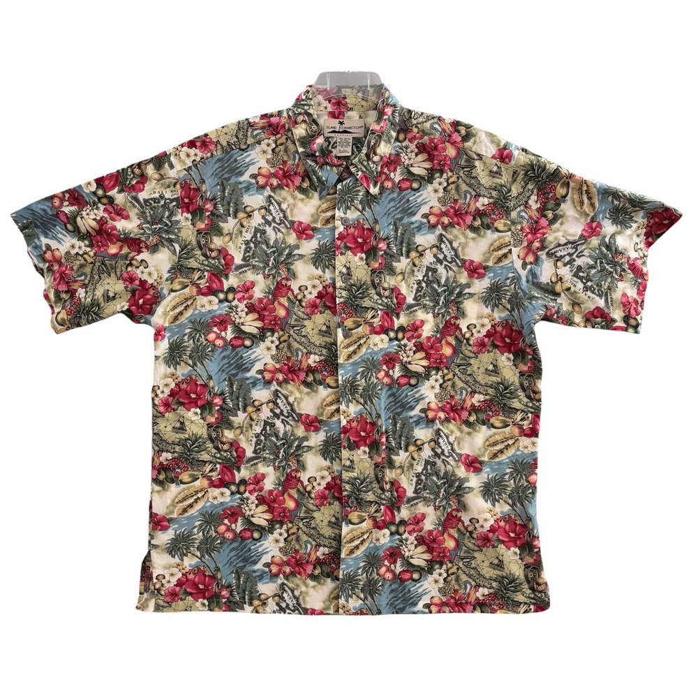 Vtg Island Connection‎ Hawaiian Shirt Men L Tropical Aloha Palms Honolulu Cotton
